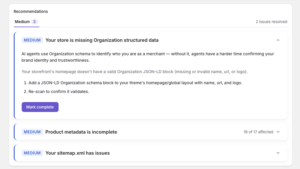 Recommendations panel showing a medium-severity finding with business impact and step-by-step fixes